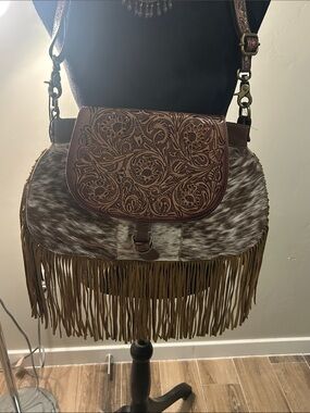Myra Bag Brown Tooled Leather & Hair-On-Hide Fringe Crossbody